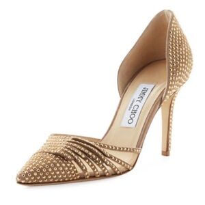 Jimmy Choo Kyra Studded D’Orsay Pumps in Nude/Gold Size 37.5